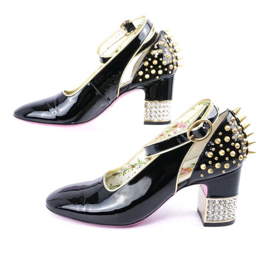 Gucci Runway Caspar Patent Studded Crystal Block-Heel Slingback Pumps - Picture 5 of 9